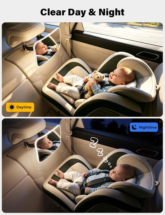 TAZENI Baby Car Mirror - LED Light Baby Car Seat Mirror for Rear Facing with 175° Wide Clear View Anti-Glare, 360° Rotation, Shatterproof, Crash Tested, Safety & Easy Install, espejo para carro bebe