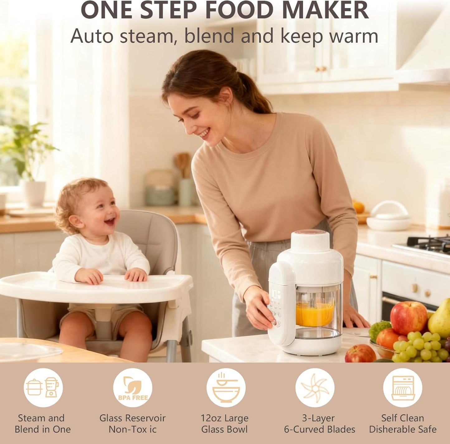Baby Food Maker Glass 12oz Steamer and Blender Glass Reservoir & Bowl 9 in 1 Baby Puree Maker Dishwasher Safe Food Blender, Timer, Recipe