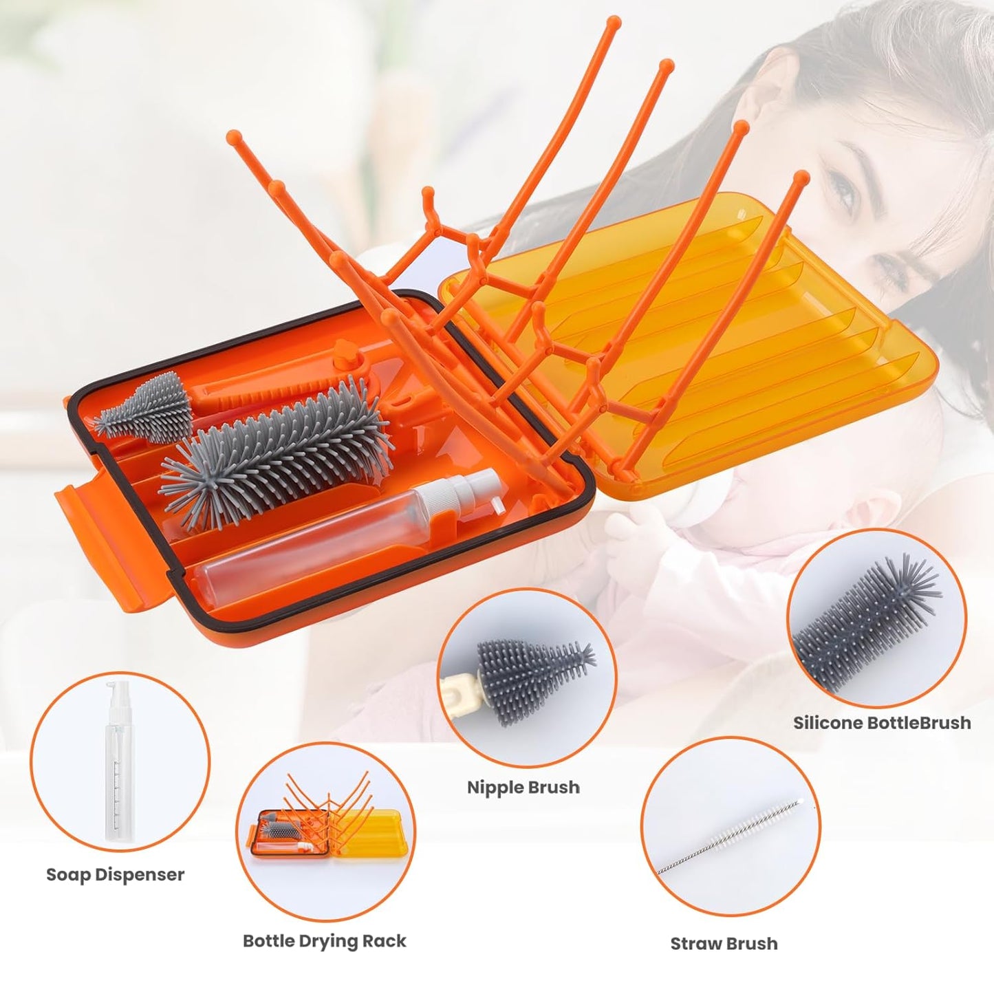Rrwin Bottle Brush Cleaner Kit with Baby Bottle Drying Rack, Exendable Silicone Bottle Brush, Nipple Brush, Straw Brush, Soap Dispenser & Storage Box. Compact Size for Babies and Moms,Green