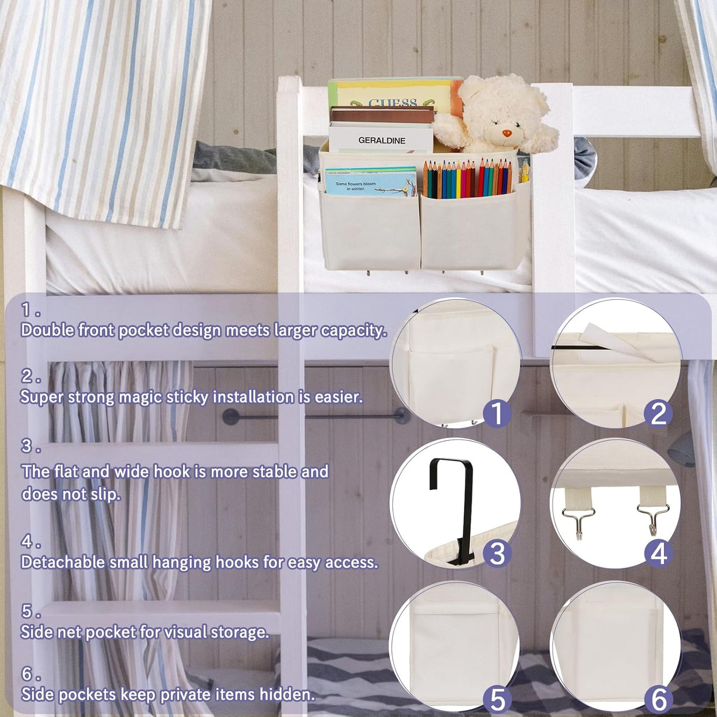 Bedside Storage Organizer 5 Pockets with 4 Hooks Hanging Storage Bag for Headboards/Bunk Bed (Pink)