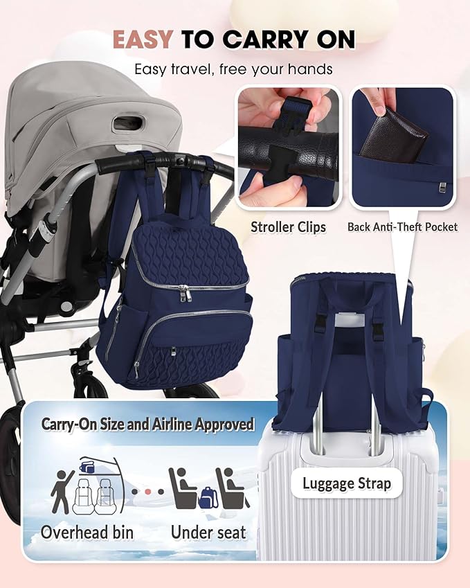 Baby Diaper Bag, Multi-Function Baby Bag for Mom Dad, Diaper Backpack with Changing Pad Stylish Pañaleras para Bebe Stroller Straps, Newborn Baby Essentials Must Haves for Women Navy blue
