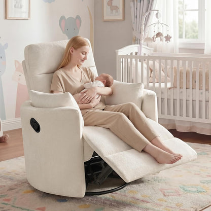 Nursery Rocking Chair, Oversized 360° Swivel Glider Recliner Chair, Upholstered Nursery Rocker with 2 Pillows and Footrest, Cozy Reclining Sofa for Living Room, Bedroom, Nursing, Olive