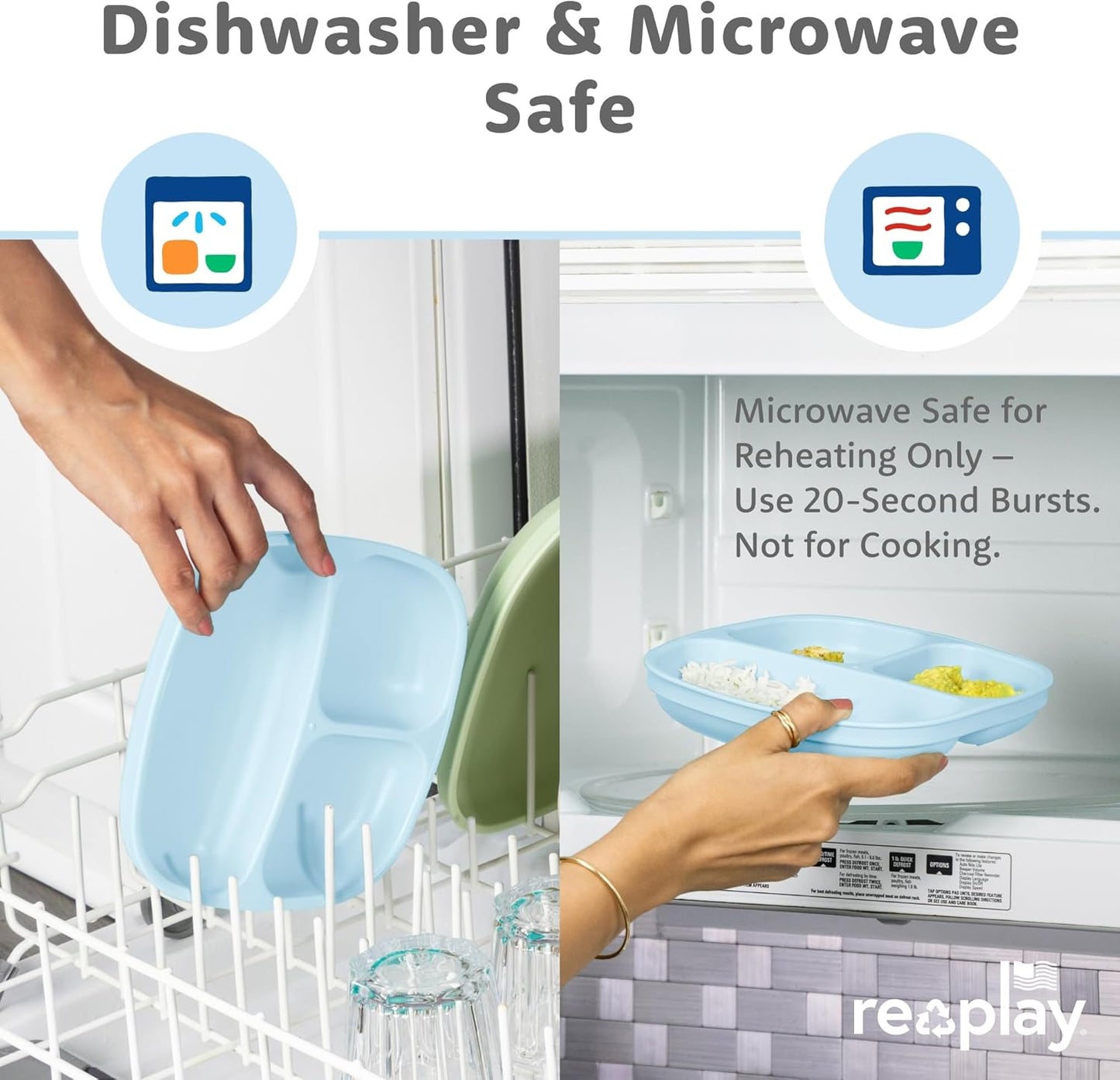 Re-Play Toddler Plates with Dividers - Deep-Walled 3 Compartments Divided Plates for Kids - Dishwasher & Microwave Safe - Made in USA - Set of 3-7.37" x 7.37" x 1.25" - Beach Baby