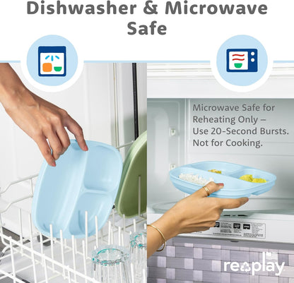 Re-Play Toddler Plates with Dividers - Deep-Walled 3 Compartments Divided Plates for Kids - Dishwasher & Microwave Safe - Made in USA - Set of 3-7.37" x 7.37" x 1.25" - Beach Baby