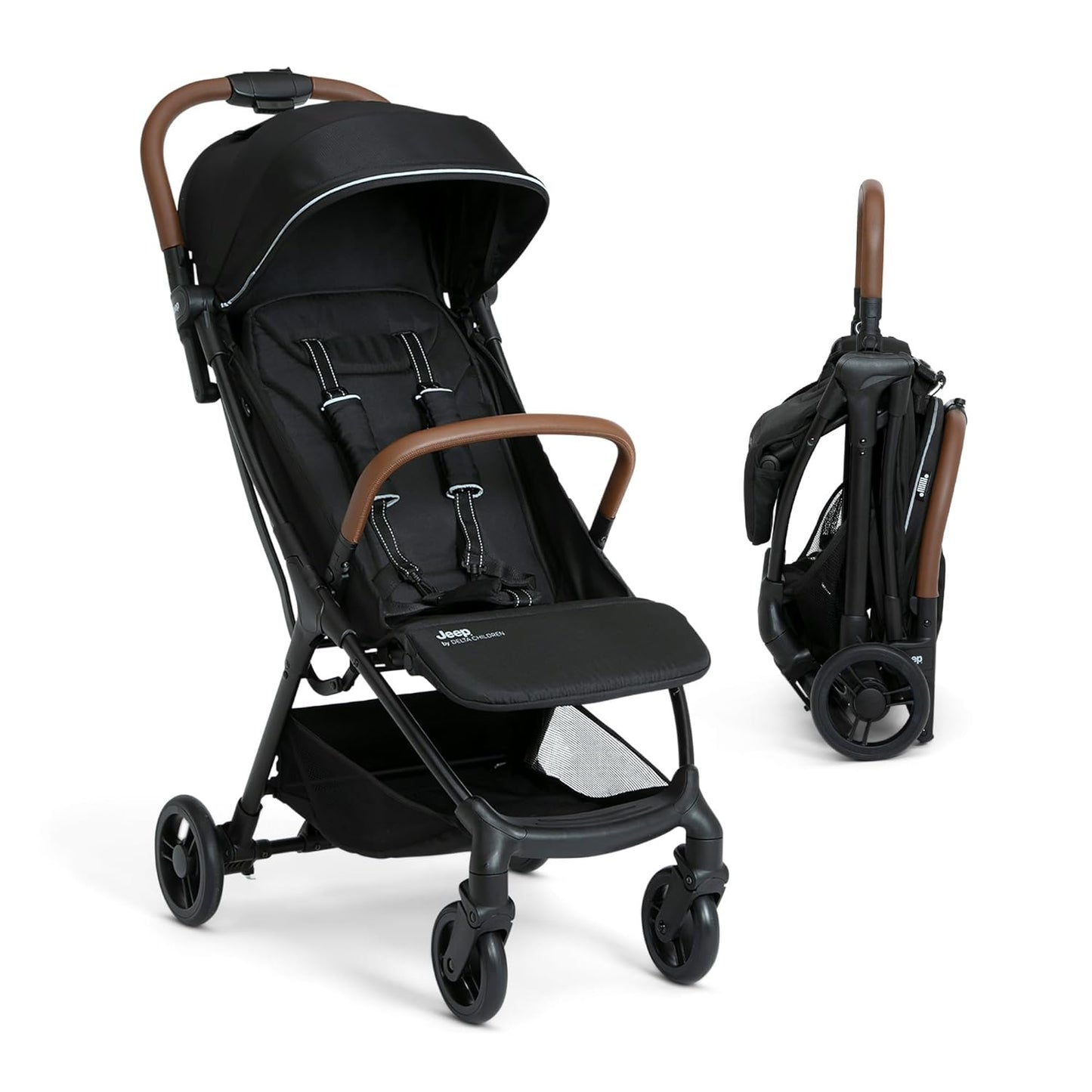 Jeep Altitude Compact Travel Stroller by Delta Children Greenguard Gold, Easy One Hand Fold, Lightweight, Extendable Canopy with Peek-a-Boo Window, Reclining Seat, 4 Wheel Suspension, Olive Green