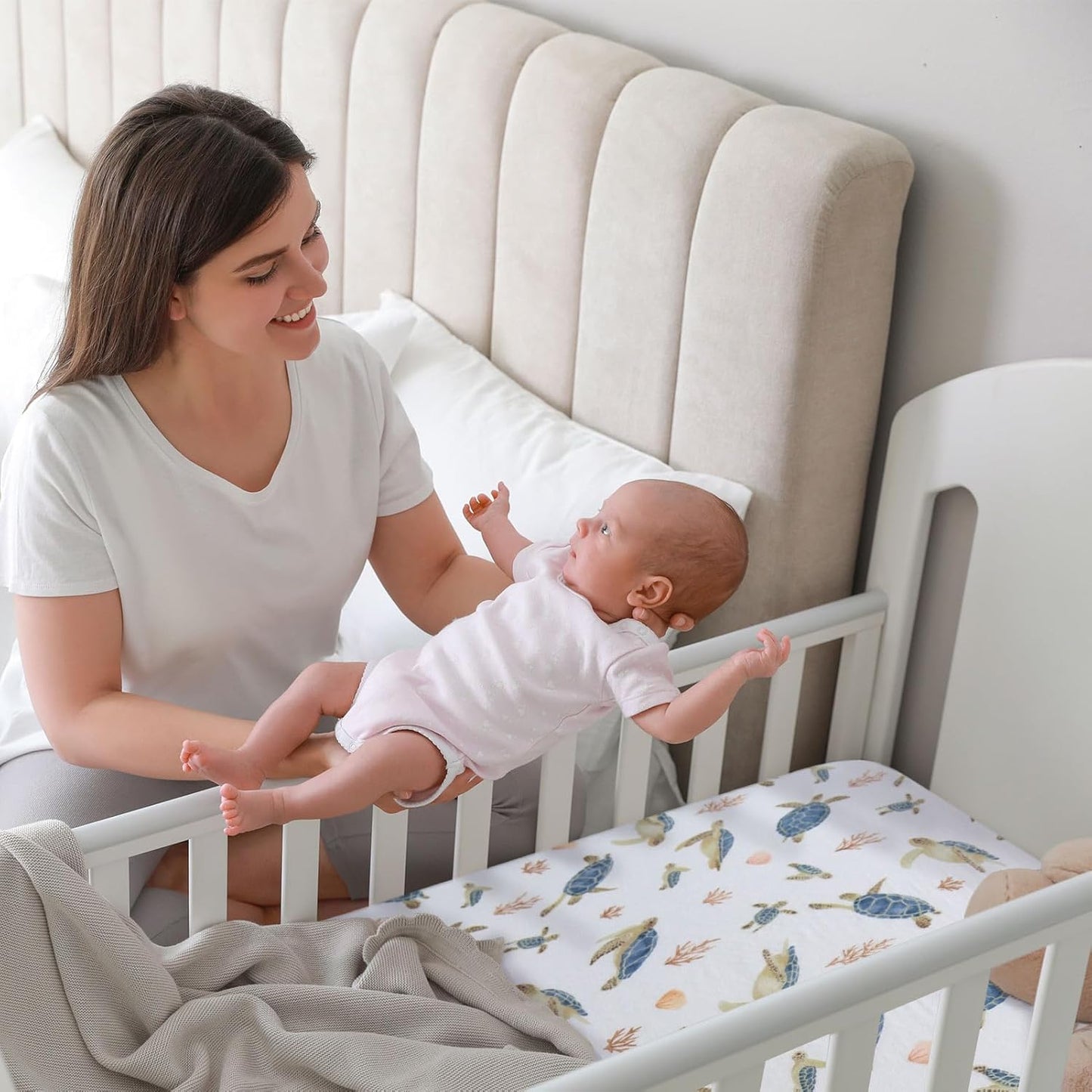 LifeTree Crib Sheets for Baby Unisex - Muslin Fitted Crib Sheets Toddler Bed Sheet, 70% Viscose from Bamboo and 30% Cotton, Fits Mini Crib & Pack and Play Playard, Bear, 26in x 38in