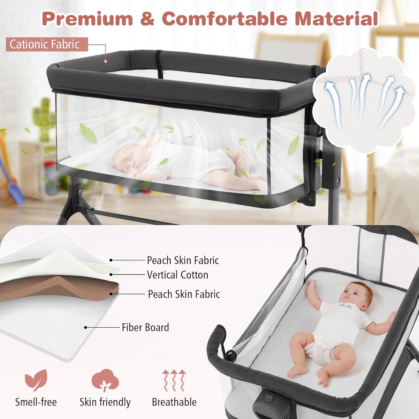 BABY JOY Bassinet Bedside Sleeper, Easy Folding Baby Crib w/All-Side Mesh, Storage Shelf, 7 Adjustable Heights, Mattress & Travel Bag for Safe Co-Sleeping, Portable Baby Bed for Newborn Infant -Gray
