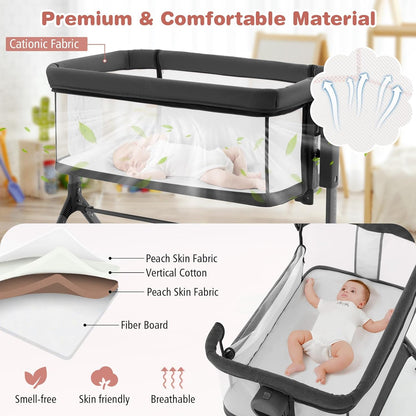 BABY JOY Bassinet Bedside Sleeper, Easy Folding Baby Crib w/All-Side Mesh, Storage Shelf, 7 Adjustable Heights, Mattress & Travel Bag for Safe Co-Sleeping, Portable Baby Bed for Newborn Infant -Gray