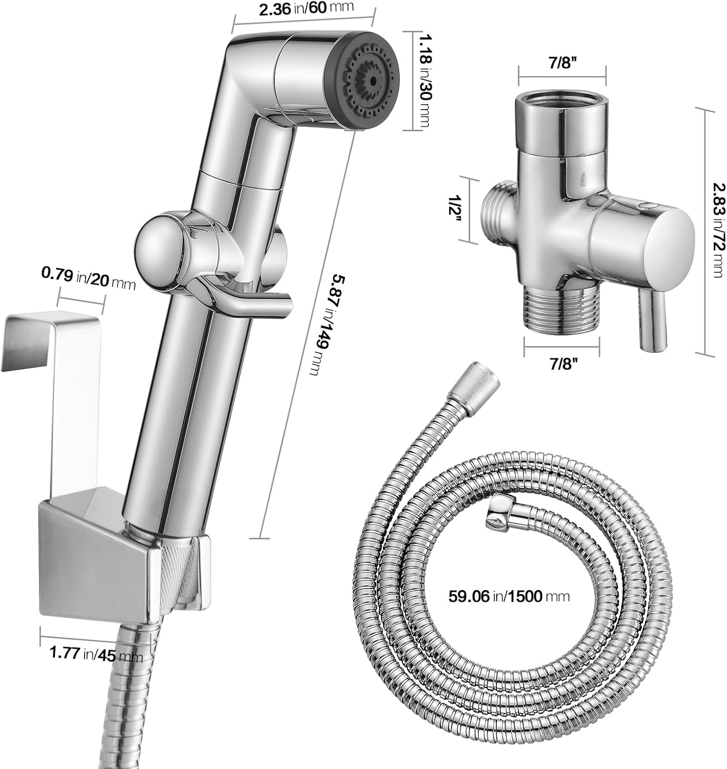 JONKEAN Muslim Shower, Water Pressure Control Toilet Bidet Sprayer, Multi-Function Diaper Sprayer for Toilet, Hand Held Bidet Set Sprayer with Hose, Bracket and T-Valve (Chrome)