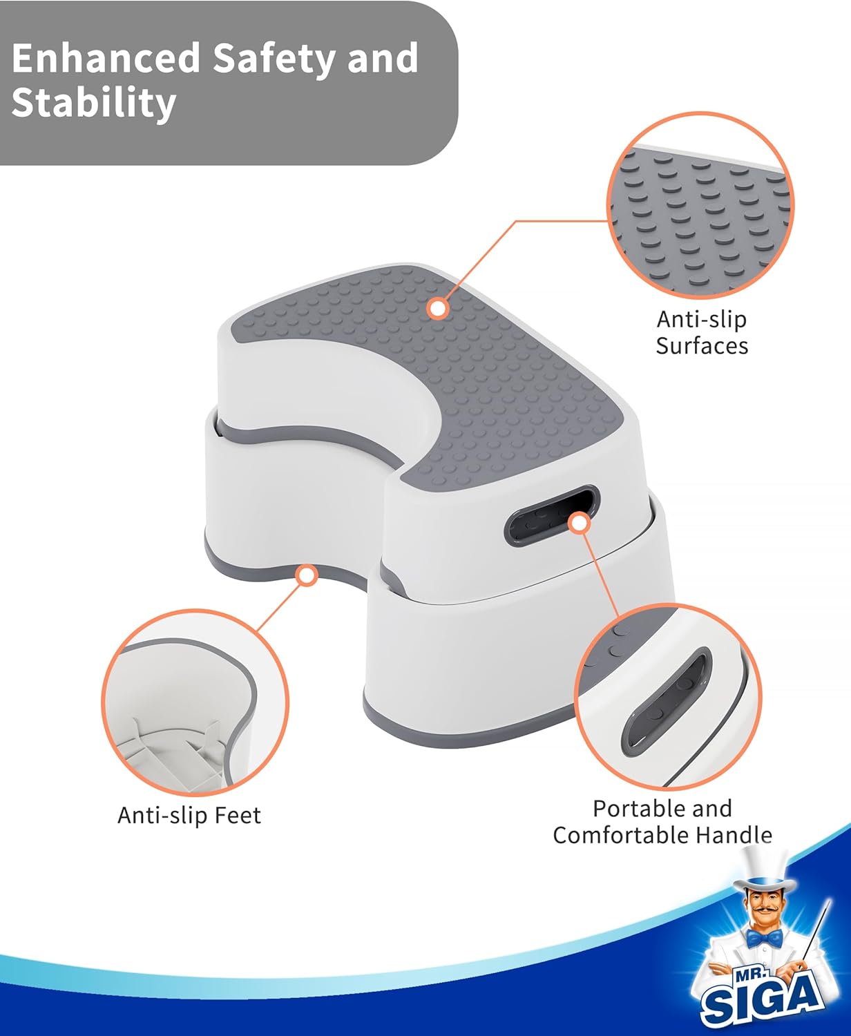 MR.SIGA Toilet Stool Squat Adult, Bathroom Stool Heavy Duty, Anti Slip Toilet Step for Bathroom, Toddler Step Stool for Kids, Off-White & Dark Gray