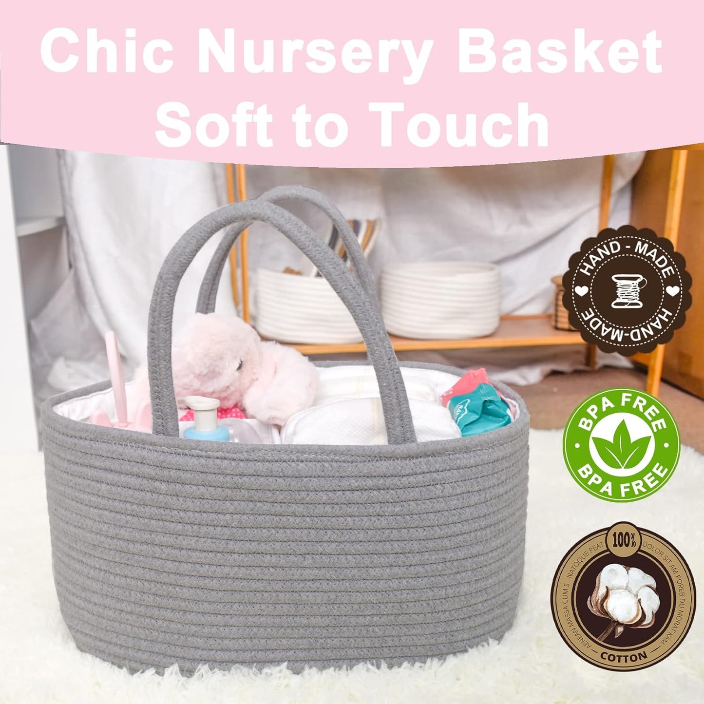 ABenkle Baby Diaper Caddy, Nursery Storage Bin and Car Organizer for Diapers and Baby Wipes, Cotton Rope Diaper Basket Caddy, Changing Table Diaper Storage Caddy