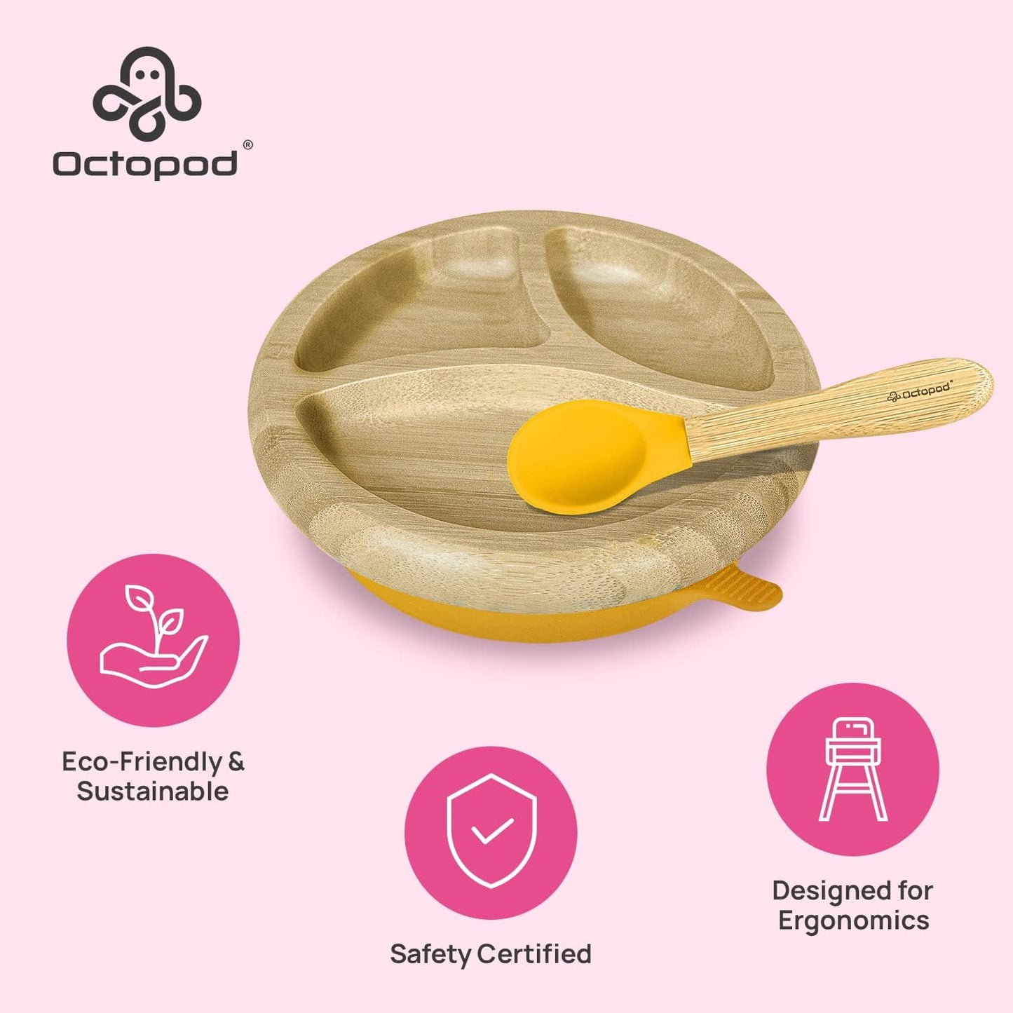 Abiie Octopod Bamboo Dish - Kids Plates for 4 months and up, 3-Compartment Baby Plates with Suction, Triangle Bamboo Baby Plate, Mess-Free Toddler Suction Plates, Baby Feeding Supplies, 8.3x1.9x7.7 in