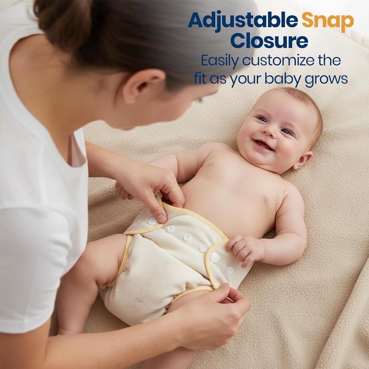 Linteum Textile Fitted Cloth Diapers with Snap Closures – 100% Cotton, Adjustable Snaps, Removable Inserts – Reusable & Washable Baby Diapers for Toddlers – Natural/Beige – 3 Pack (Small 9-15 lbs)