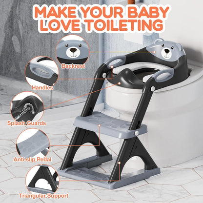 Potty Training Seat, SKYROKU Upgrade Toddler Toilet Seat for Kids Boys Girls, 2 in 1 Potty Training Toilet, Splash Guard Anti-Slip Pad Step Stool,New Sector-Shape Stabilized Base (8899+Grey)