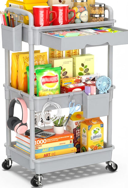 SUNALLY 3 Tier Rolling Cart with Drawer, Bathroom Storage Organizer with 2 Lockable Wheels, Multifunctional Rolling Storage Cart for Bathroom, Kitchen, Office, Craft, Makeup, Baby Essentials, White