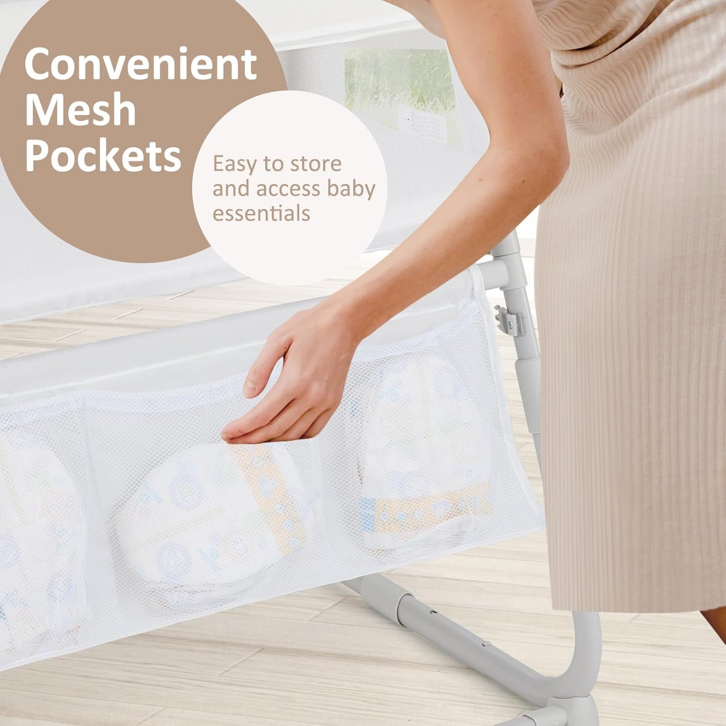 INFANS Over Bed Bassinet for Baby, Bedside Sleeper with Lowering Wall for Easy Access, Safe Close Sleeping, Adjustable Height, Storage, Newborn Infant Girls Boys (White)