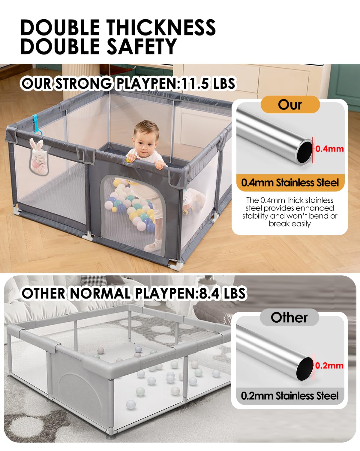 Baby Playpen with Mat, 71" x 59" Extra Large Play Yard for Babies and Toddlers, Baby Fence with Soft Thick Play Mat, Indoor Safety Activity Center for Infants, Easy to Assemble and Clean（Gray）