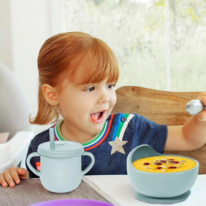 100% Silicone Baby Feeding Set, BPA Free Baby Dishes with Suction Bowl, Divided Plate, Toddler Self Feeding Dish Set with Spoons, Forks, Sippy Cup and Bib, Baby Eating Utensils (Navy Blue)