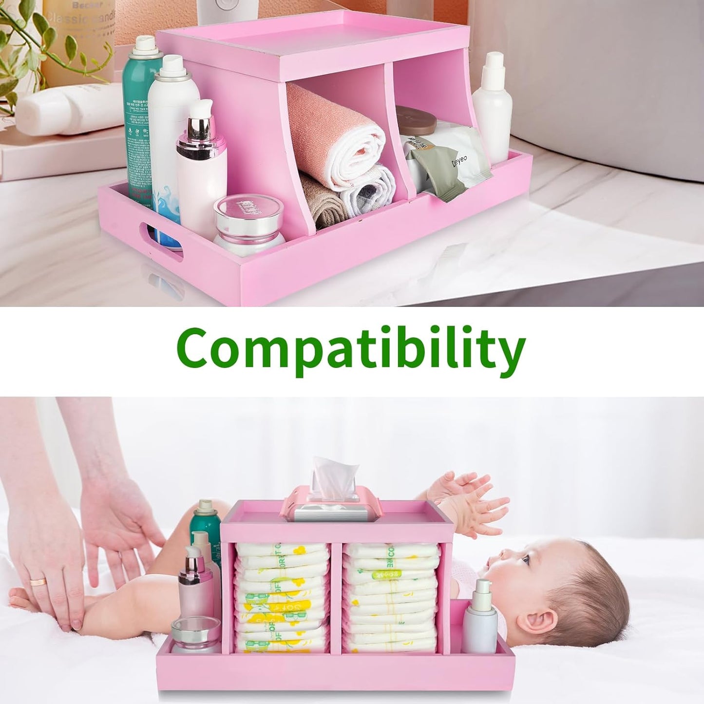 Diaper Caddy Organizer, Changing Table Organizer, Wooden Diaper Organizer for Nursery, Baby Diaper Storage Organizer with Removable Dividers (Brown, Rectangular Size)