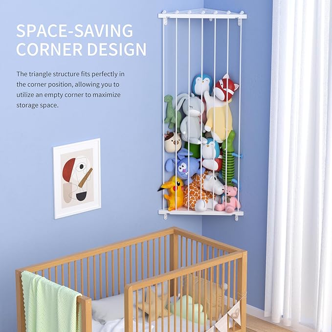 Stuffed Animal Storage Shelf Organizer(Patented) - Corner Stuffed Animal Holder Length Adjustable - Wall Plush Storage for Nursery Playroom Bedroom Kids Room (White, Extra Large)
