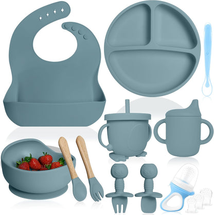 Bluet B- Silicone Baby Feeding Set with Pacifier - Baby Led Weaning Supplies - Baby Spoons, Suction Bowl - Plate - Baby Utensils Set - Silicone Feeding Set for Baby First Foods - 11pcs - Purple