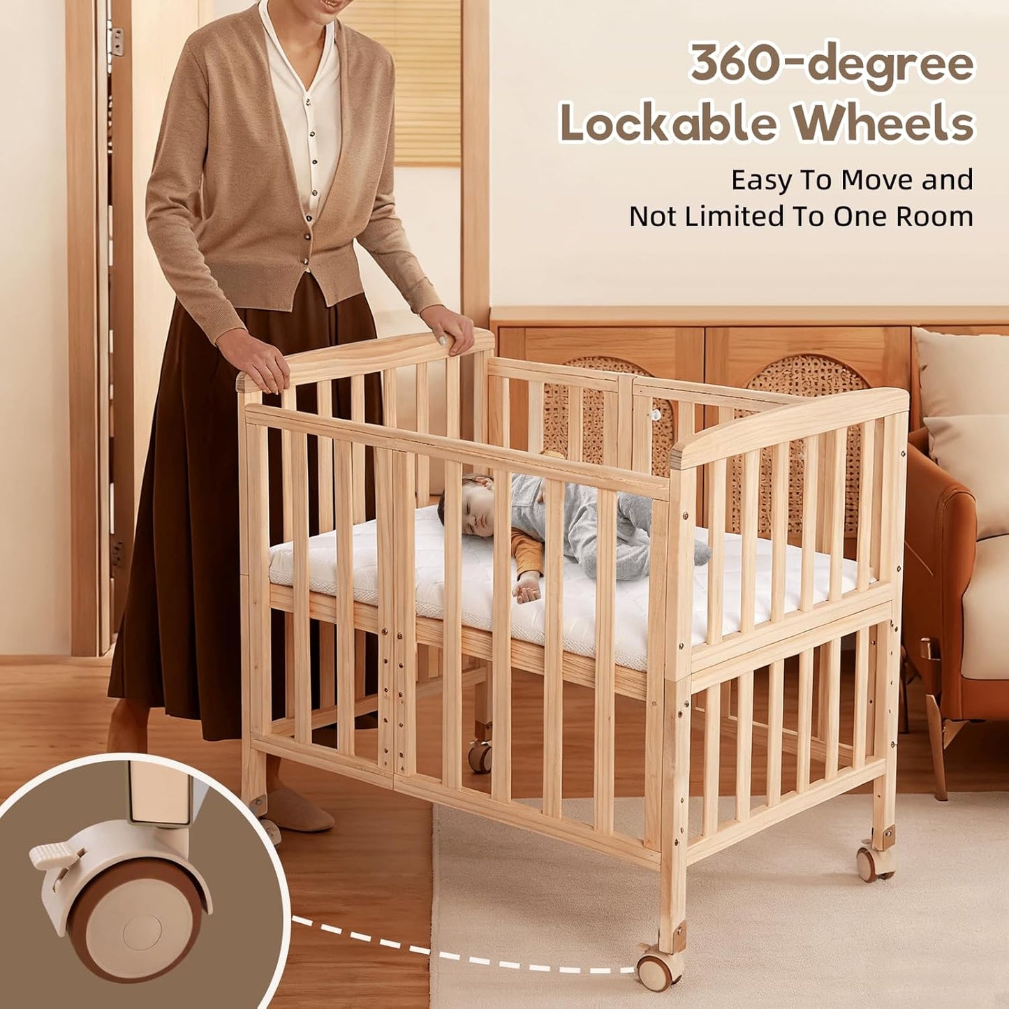 Flwrgirl Baby Bassinets Bedside Sleeper - Portable Pine Wood Bedside Bassinet with Mattress,3 Heights Small Mini Crib,Baby Crib for Newborns,Unpainted | Pine Wood Bassinet, Mattress Included, 3-IN-1 Convertible, Adjustable Height, Locking Wheels, Portalbe