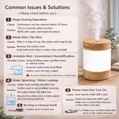 Bamboo Ultrasonic Mini Humidifier, 400ml Quiet Desktop Humidifier with Dual LED Night Light, USB-C Powered, Auto Shut-Off, Portable Small Room Air Moisturizer for Bedroom, Desk, Office & Travel