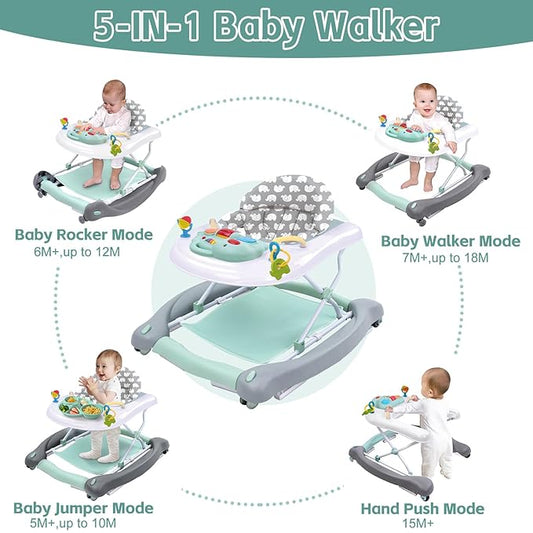 5 in 1 Foldable Baby Walker, Activity Baby Walker-Baby Bouncer, Rocker, Activity Center,Seat and Push Walker,Detachable Trampoline Mat, Adjustable Speed Rear Wheels and Height,Ages 6-18 Months(Mint)