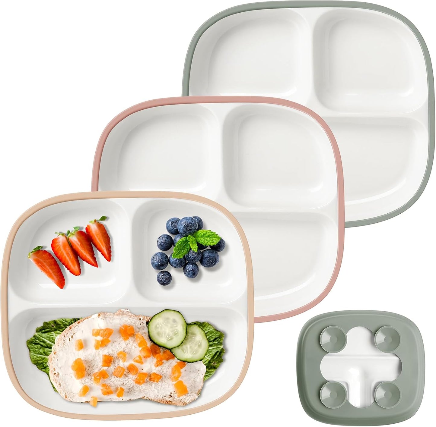Domensi Kids Porcelain Plates with Silicone Sleeves 8.2 Inch Divided Porcelain Plate Toddler White Suction Dishes for Baby Troubleless Eating Microwave Dishwasher Safe(Stylish,3 Set)