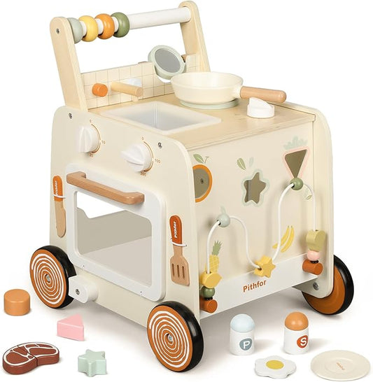 Pithfor Wooden Baby Walker, 3-in-1 Baby Push Walker, with Pretend Kitchen, Montessori Sensory Activity Center, Push Walker Toys for Babies Learning to Walk, Sit-to-Stand