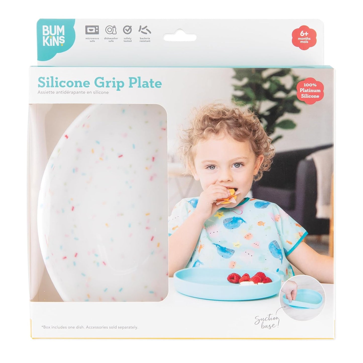 Bumkins Toddler and Baby Suction Plate, Divided Grip Dish for Babies and Kids, Baby Led Weaning, Feeding Supplies, Sticks to Tables and Highchairs, Platinum Silicone, for Chidren 6 Months, Gray