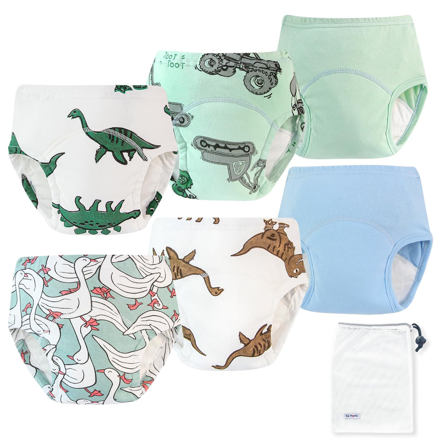 EZ Moms 6 Packs Absorption Toddler Potty Training Underwear for Boys 100% Cotton Toilet Training Pants 1T Leakproof Reusable Kid Confident Toddler Panties Dinosaur Pee Pants with Potty Sticker Chart