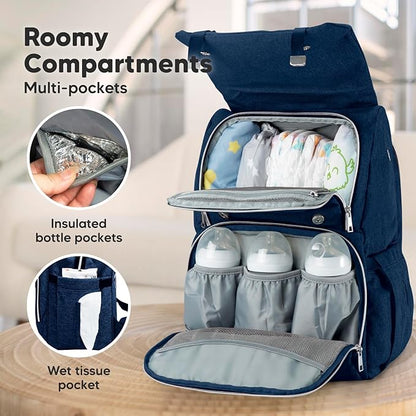 KeaBabies Baby Diaper Bag Backpack with Changing Pad - Waterproof Baby Bag for Mom and Dad, Insulated Bottle Pockets, Durable Toddler, Twin, Boy Girl Diaper Backpack for Travel, Large (Navy Blue)