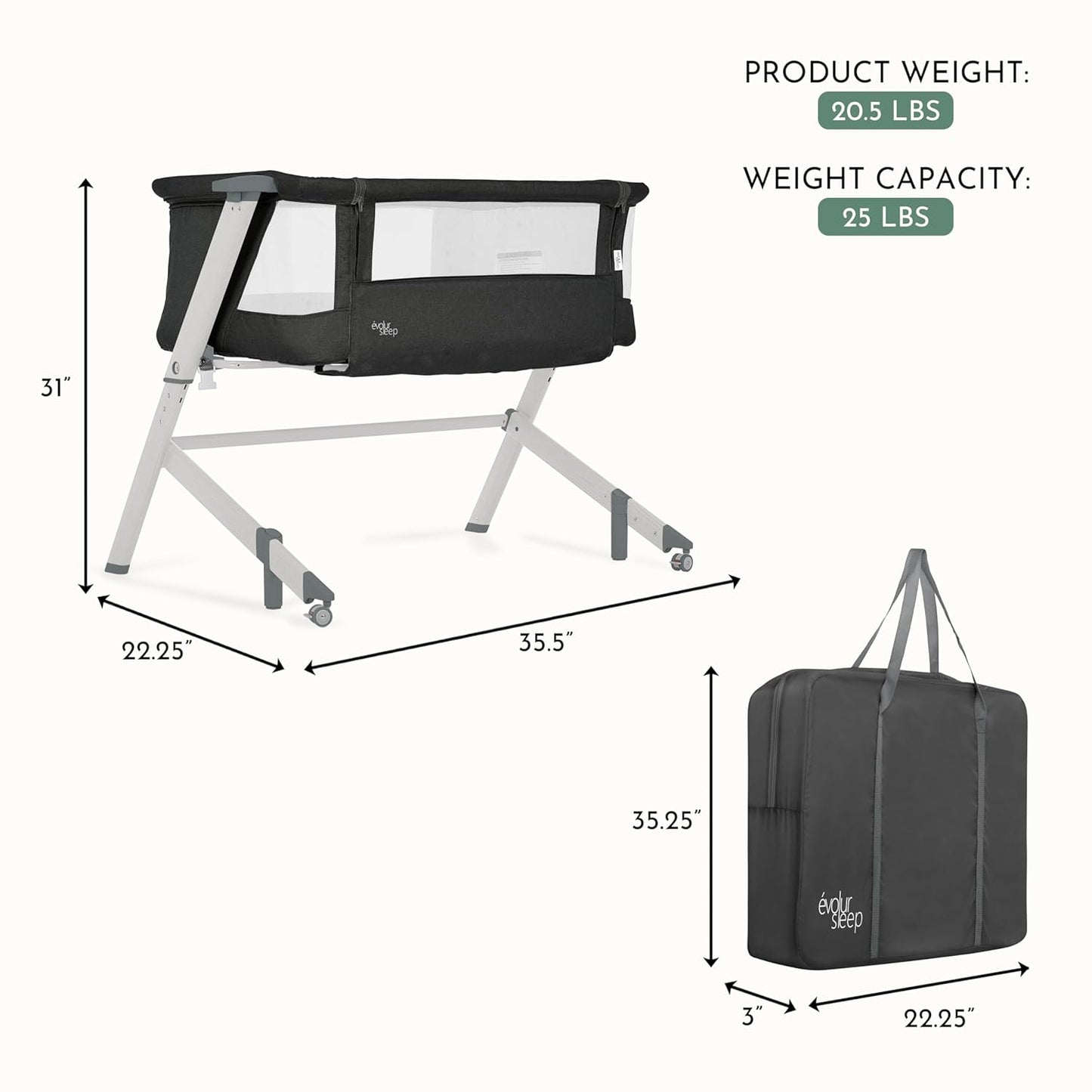Evolur Stellar Bassinet & Bedside Sleeper – Adjustable Height Bedside Crib for Newborns, Breathable Mesh Sides, Portable Co-Sleeper, Easy To Fold and Travel, Carry Bag Included