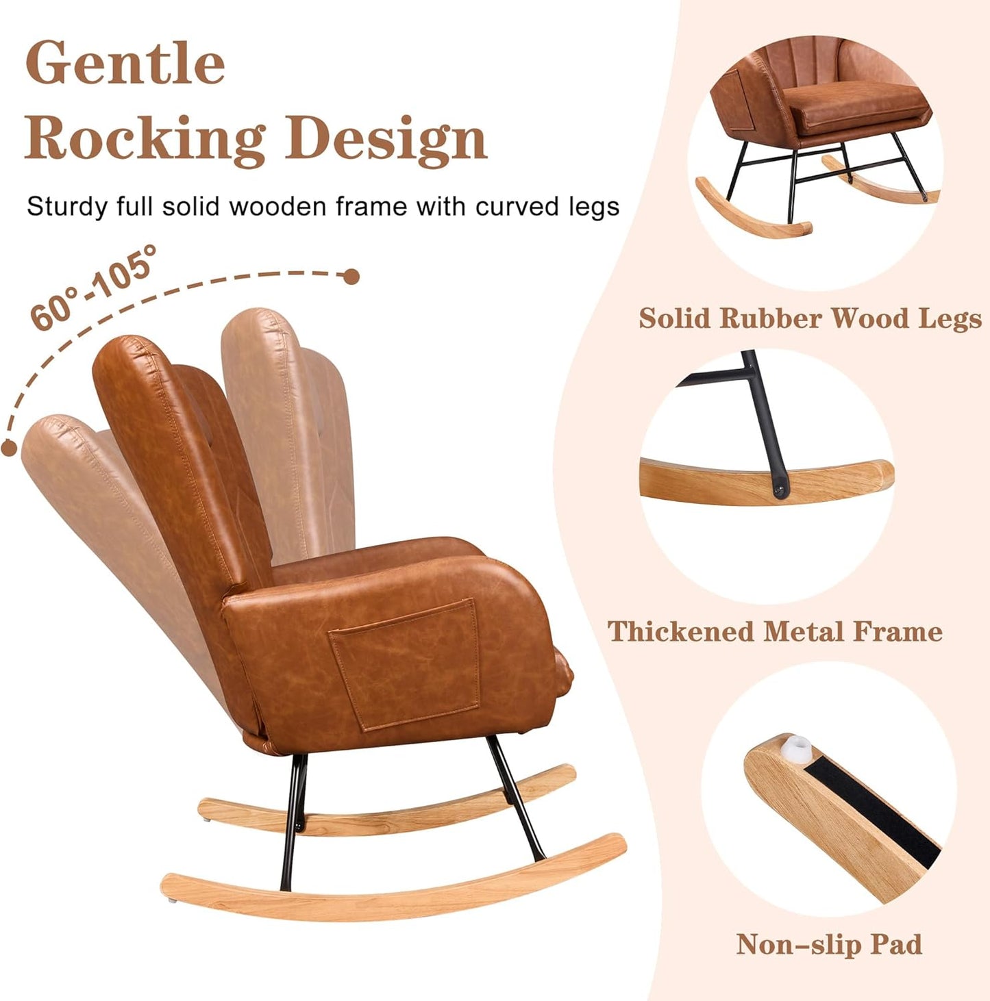 VECELO Rocking Chair Nursery with Thick Headrest, Modern Teddy Upholstered Reading Glider Rocker Accent Armchair with High Backrest, Padded Seat, Side Pocket, for LivingRoom, Bedroom, Baby Room, Brown