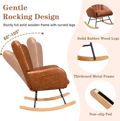 VECELO Rocking Chair Nursery with Thick Headrest, Modern Teddy Upholstered Reading Glider Rocker Accent Armchair with High Backrest, Padded Seat, Side Pocket, for LivingRoom, Bedroom, Baby Room, Brown