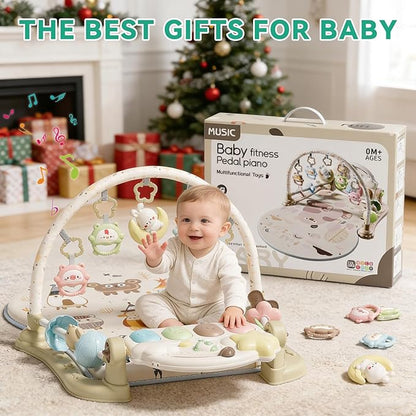 Baby Play Gym Mat - Funny Play Piano Activity Playmat with 5 Infant Learning Detachable Toys for Sensory Development, Music and Lights Tummy Time Mat Newborns Gifts for 0-12 Months