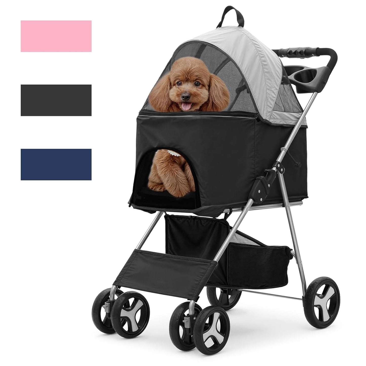 Magshion Compact Pet Stroller for Small-Medium Dogs/Cats up to 22lbs, 4-Wheel Lightweight Umbrella Shaped Portable Puppy Travel Jogger with Breathable Mesh, Cup Holder & Rear Storage, Black
