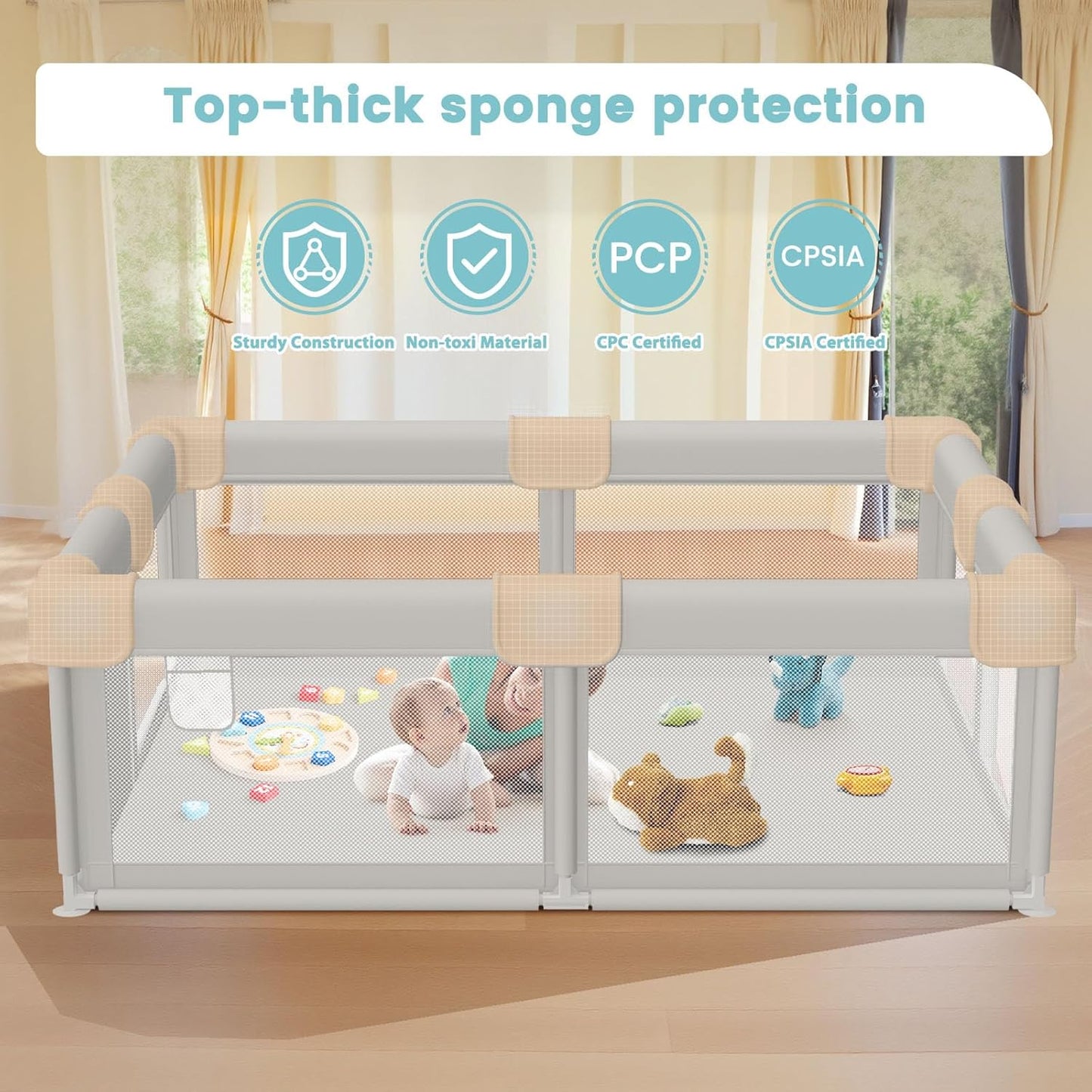besuhot Baby Playpen Extra Large Play Yard 74" x 50" Playpen for Babies and Toddlers with Anti-Slip Suckers and Zipper Gate, Safety Baby Activity Center for Indoor & Outdoor