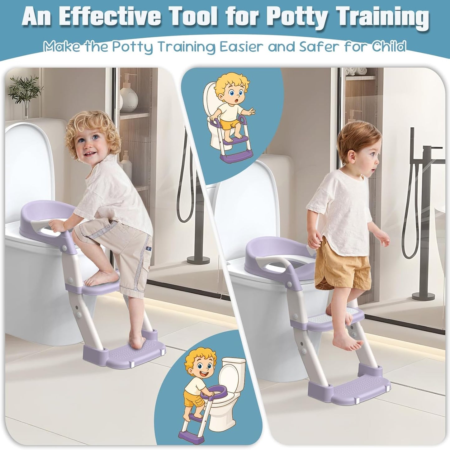 Potty Training Seat, Toddler Potty Training Toilet with Step Stool Ladder for Kids Boys Girls, 3 in 1 Foldable Toilet Seat Potty Chair with Urinals, Splash Guard, Handles, Anti-Slip Pad,Grey