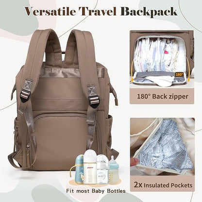 miss fong Diaper Bag Backpack - Baby Diaper Bag Travel Diaper Backpack with Diaper Changing Pad Large Capacity Baby Backpack with 12 Pockets for Mom & Dad -Brown