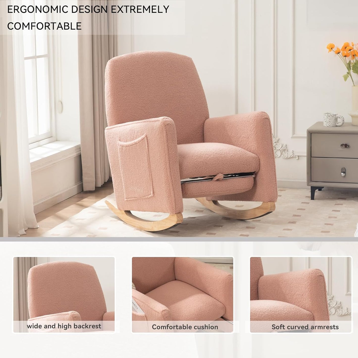 FOXHUNTER Rocking Chair Nursery with Adjustable Footrest and High Backrest, Upholstered Glider Chairs with Side Pockets for Nursery, Rocker Armchair Indoor for Living Room,Beige