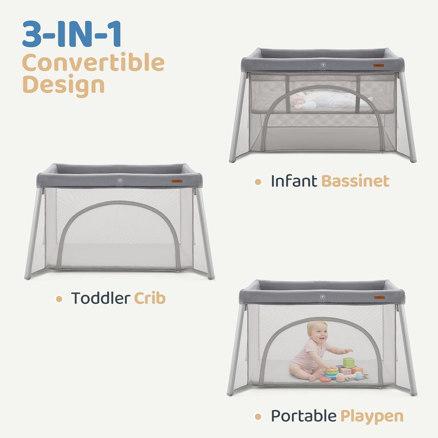 HARPPA Travel Crib with Comfy Pad, Lightweight Portable Crib Requires No Assembly, Foldable Pack and Play for Baby and Toddlers, Compact Play Yard with Bed,Gray