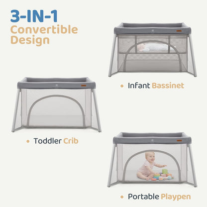HARPPA Travel Crib with Comfy Pad, Lightweight Portable Crib Requires No Assembly, Foldable Pack and Play for Baby and Toddlers, Compact Play Yard with Bed,Gray