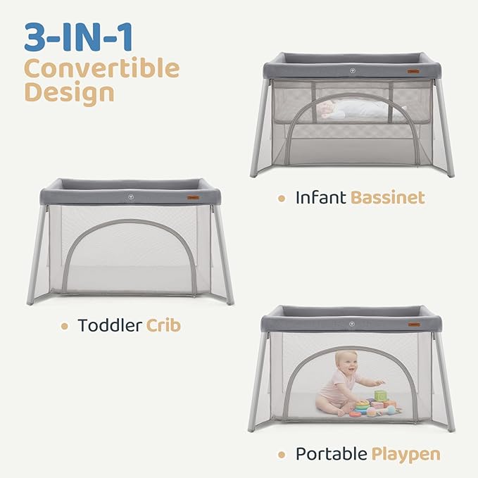 HARPPA Travel Crib with Comfy Pad, Lightweight Portable Crib Requires No Assembly, Foldable Pack and Play for Baby and Toddlers, Compact Play Yard with Bed,Gray