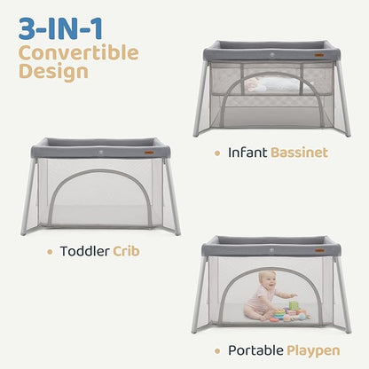HARPPA Travel Crib with Comfy Pad, Lightweight Portable Crib Requires No Assembly, Foldable Pack and Play for Baby and Toddlers, Compact Play Yard with Bed,Gray