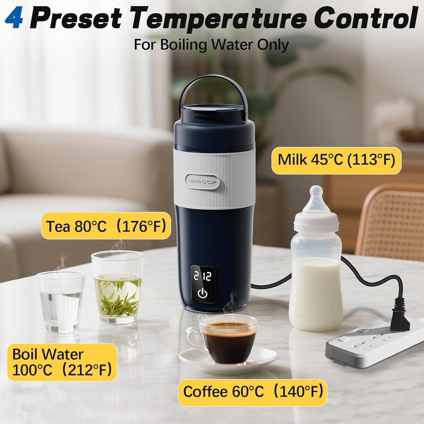 Portable Baby Bottle Warmer, Travel-Friendly with Detachable Battery Base, Type-C Fast Charge, 316 Stainless Steel, Touch Control, 8H Constant Temperature, Child Lock, 95-131°F
