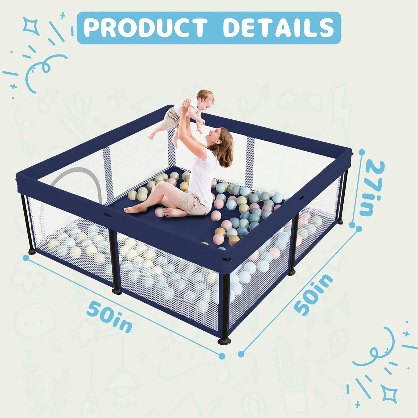 TOREVSIOR Foldable Baby Playpen with Mat, 50"×50" Collapsible Play Pen for Babies and Toddlers, Indoor & Outdoor Kids Safety Play Pen, Portable Play Yard, Foldable Baby Playpen with 50 Ocean Balls