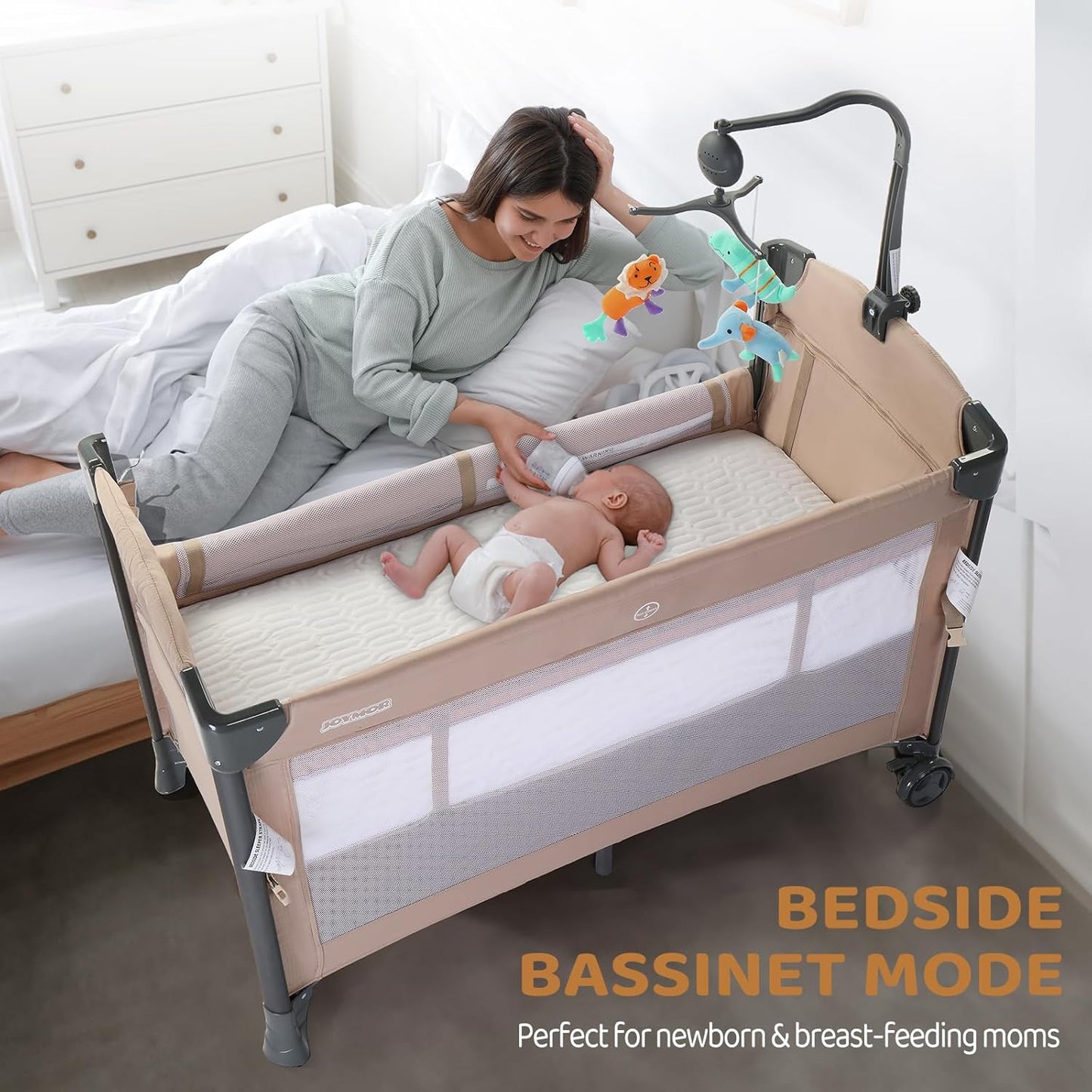 JOYMOR Baby Bedside Bassinet, Baby Bassinet, Pack n Play Convert Playpen, Quick Foldable Travel Bed with Wheels & Brake, Carry Bag for Boys Girls (Gray)