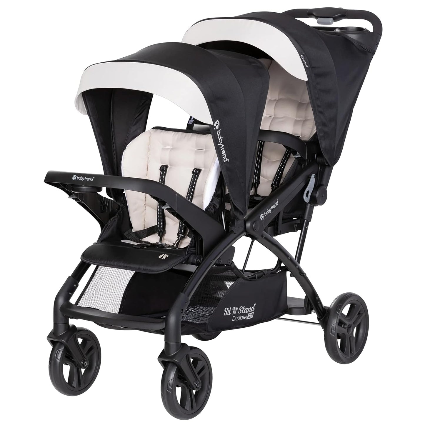 Baby Trend Double Stroller with Canopy Visors, Storage Basket and 2 Cup Holders, Sit N' Stand 2.0 DLX, Stormy – Foldable Infant and Toddler Tandem Stroller and Travel System